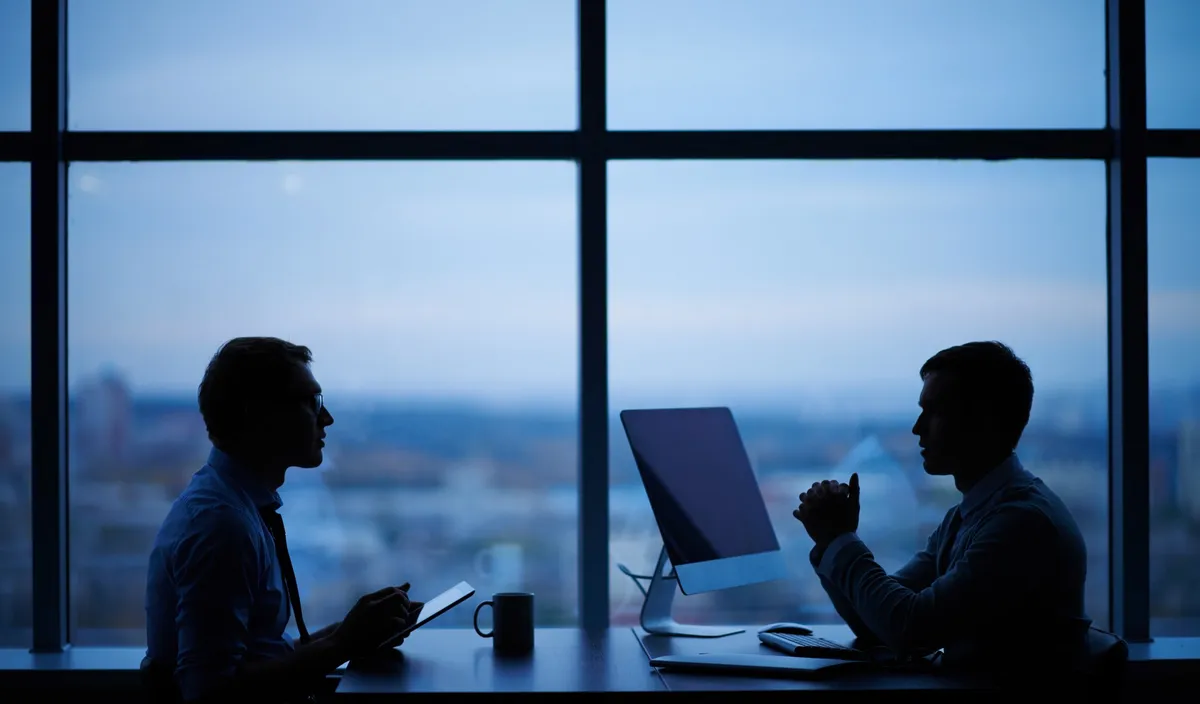 Two professionals in silhouette talking across a desk by a window