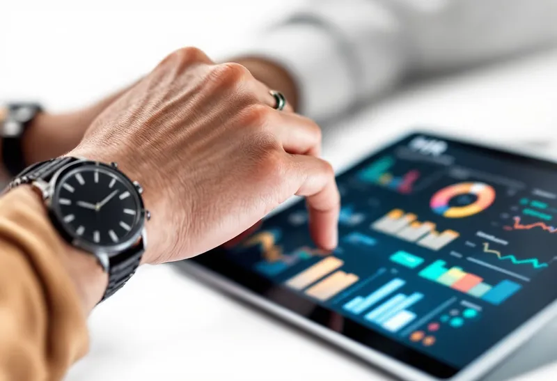 Hand pointing to charts on a tablet dashboard