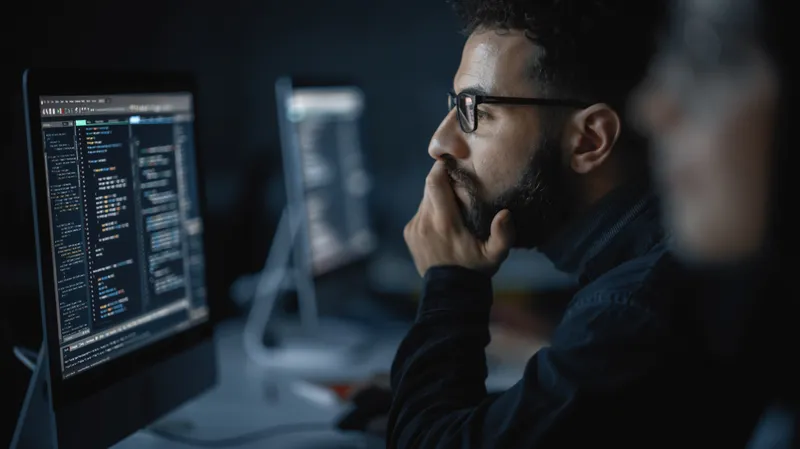Man in glasses studying code on a monitor, hand on chin
