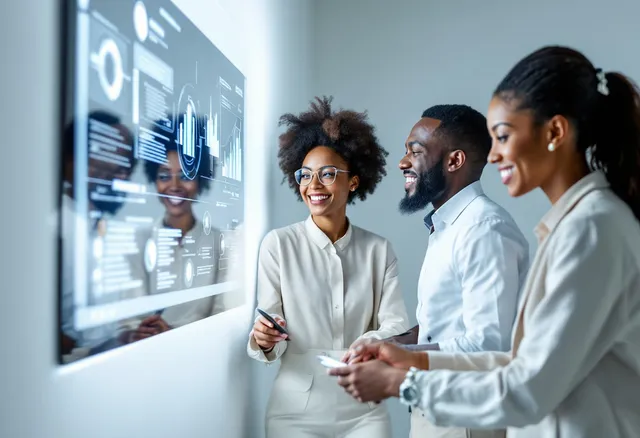 Three colleagues smiling at data on a wall display
